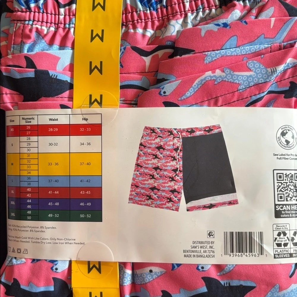 Member’s Mark Men's Resort Liner Swim Trunk Blue & White Sharks/Pink Background